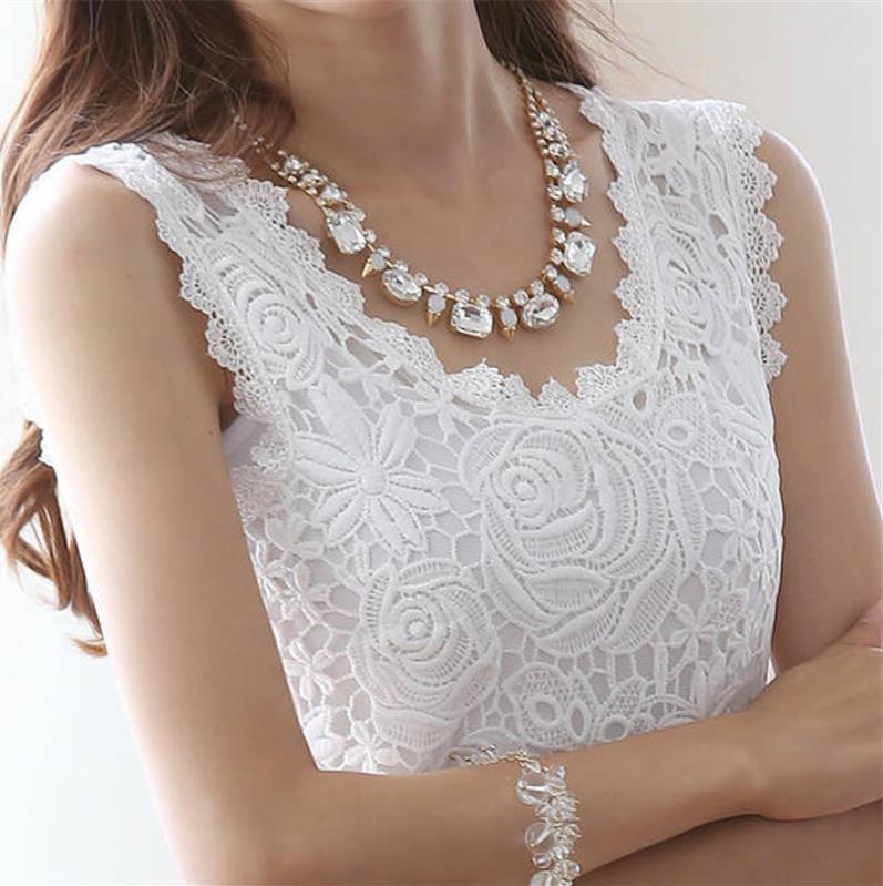 Women's Summer Korean Sleeveless Base Lace T-shirt Blouses