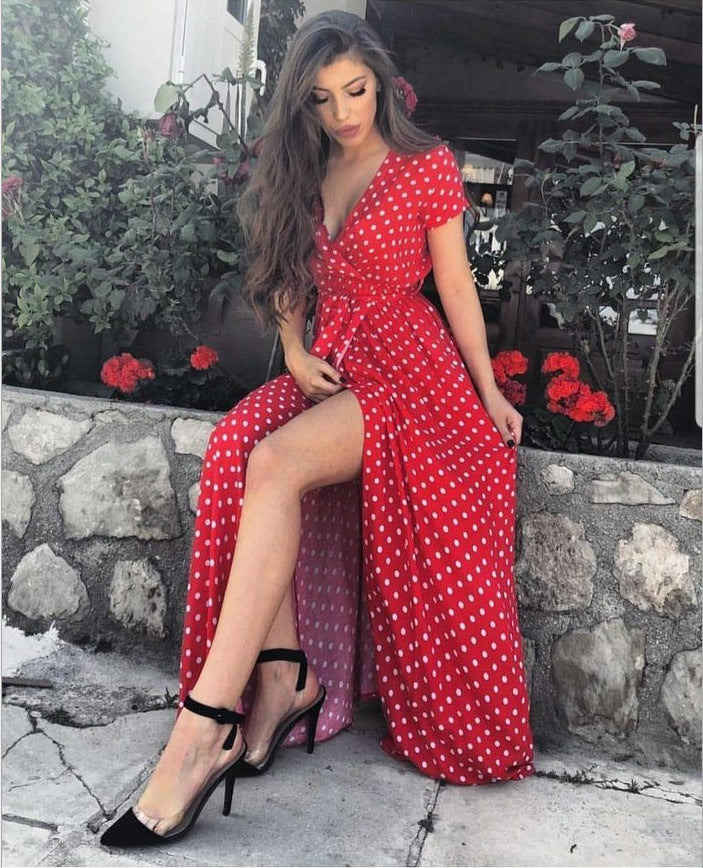 Women's Summer Short-sleeved Low-cut Printed Polka Dot Dresses