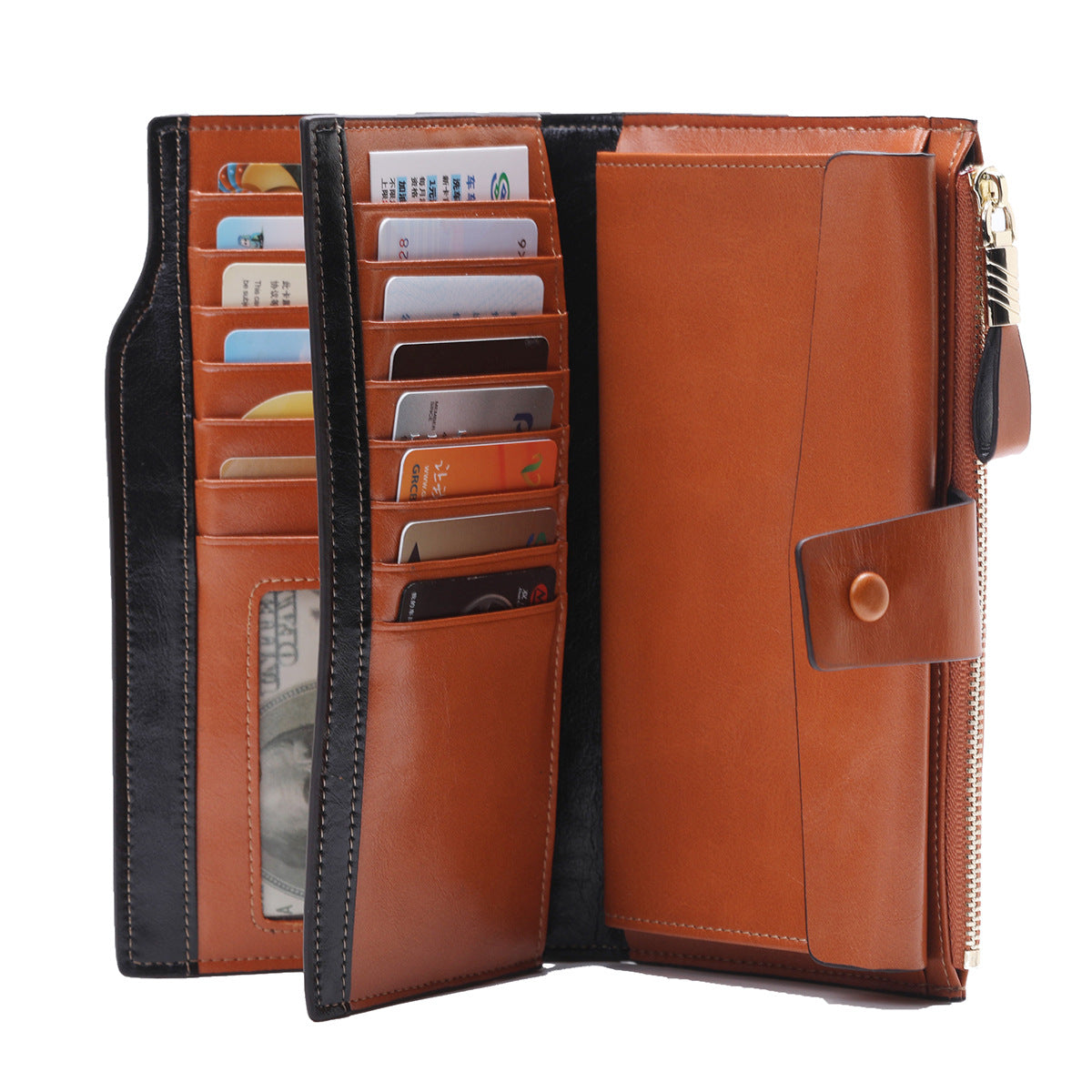 Women's Top Layer Leather Long Korean Style Oil Wax Cowhide Ladies Wallets
