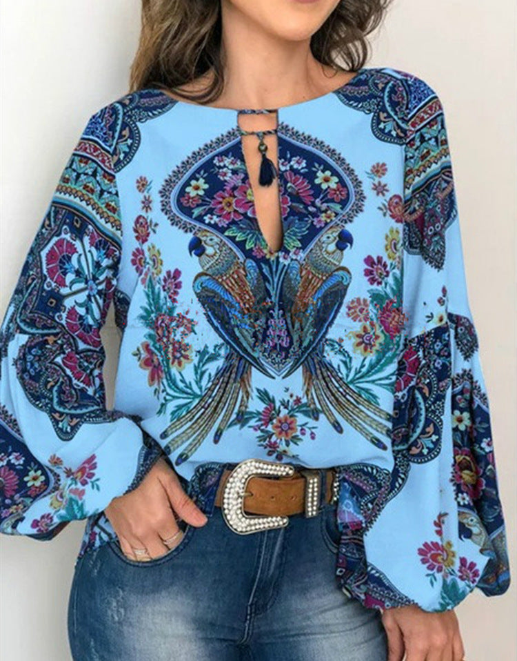 Women's Special Digital Printed Round Neck Lantern Blouses