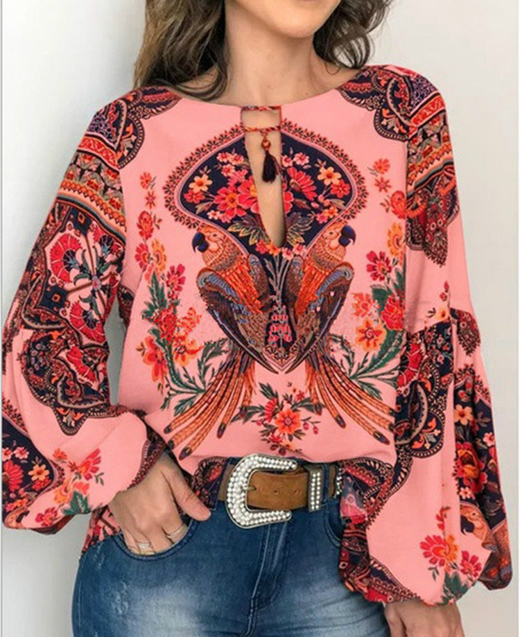 Women's Special Digital Printed Round Neck Lantern Blouses