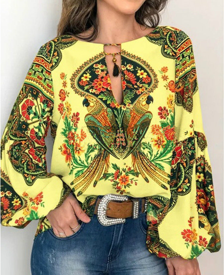 Women's Special Digital Printed Round Neck Lantern Blouses