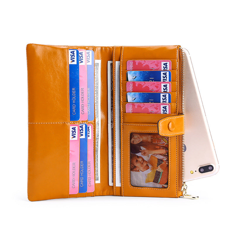 Women's Real Leather Long Clutch Retro Oil Purses