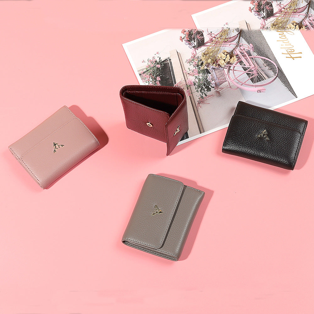 Women's Short Three-fold First Layer Cowhide Simple Ladies Wallets