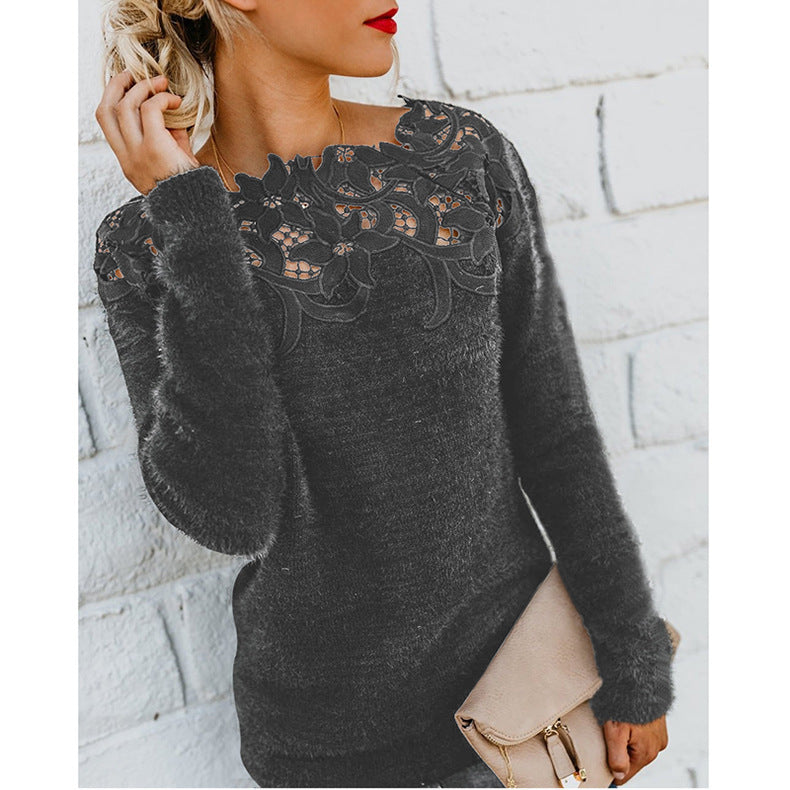 Women's Solid Color Stitching Lace Long-sleeved Sweaters