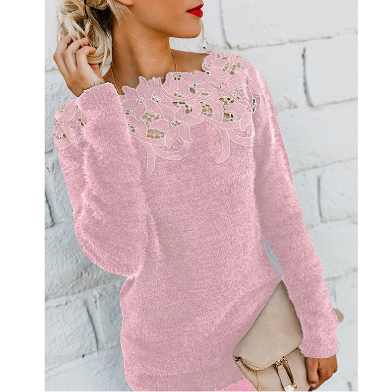 Women's Solid Color Stitching Lace Long-sleeved Sweaters
