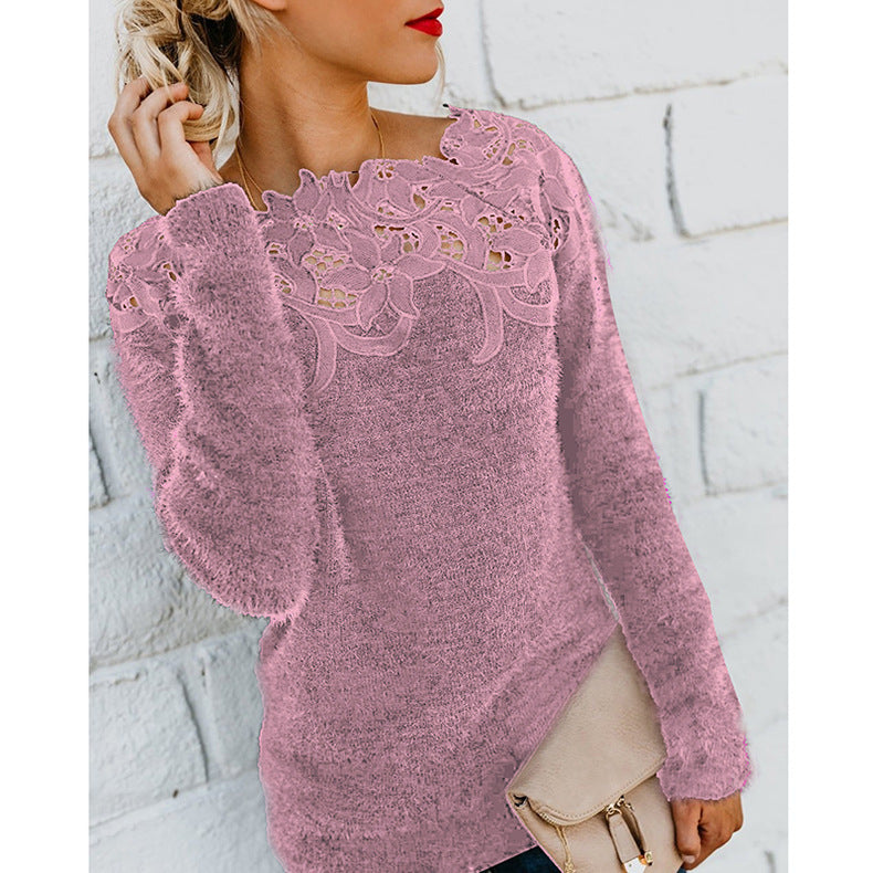 Women's Solid Color Stitching Lace Long-sleeved Sweaters
