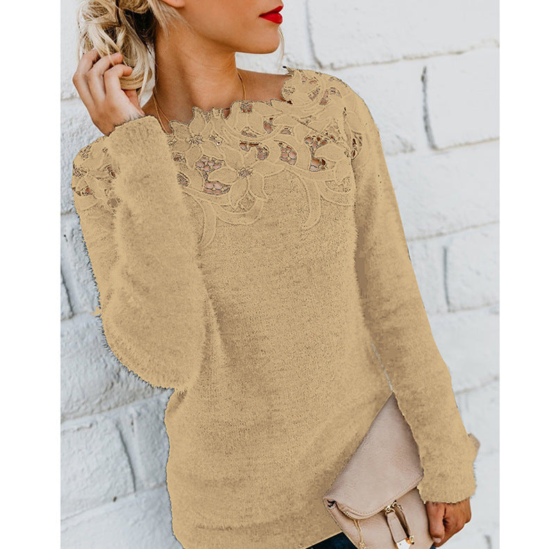 Women's Solid Color Stitching Lace Long-sleeved Sweaters