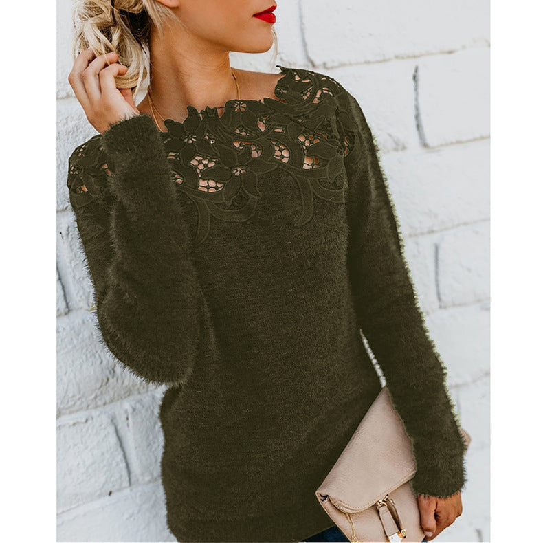 Women's Solid Color Stitching Lace Long-sleeved Sweaters