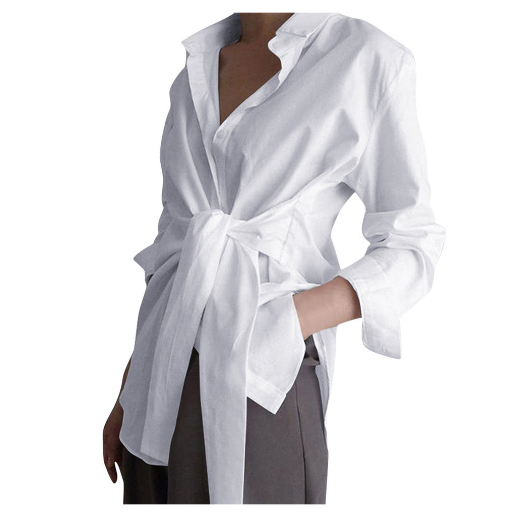 Women's Solid Color Loose Tied Shirt Colors Blouses