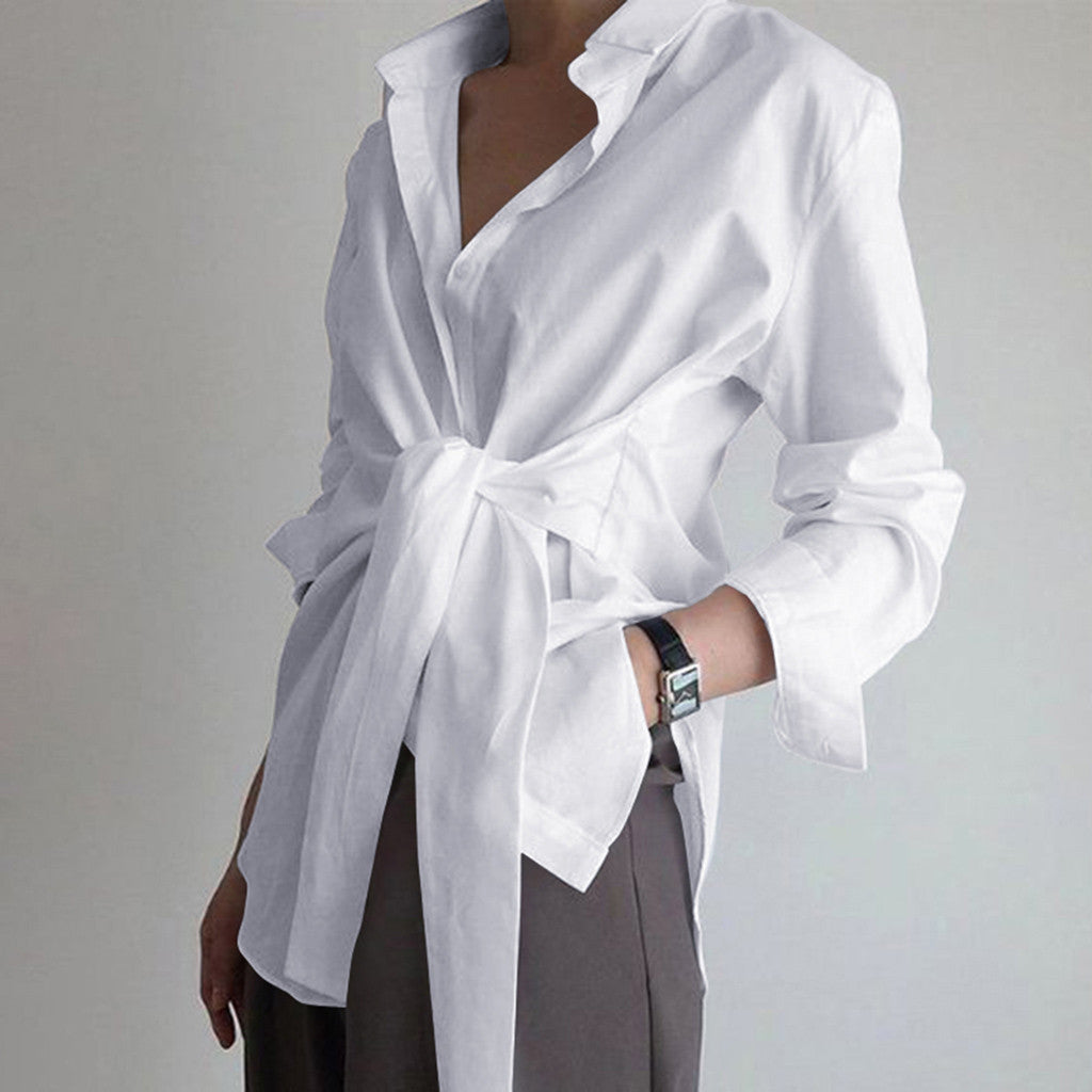 Women's Solid Color Loose Tied Shirt Colors Blouses