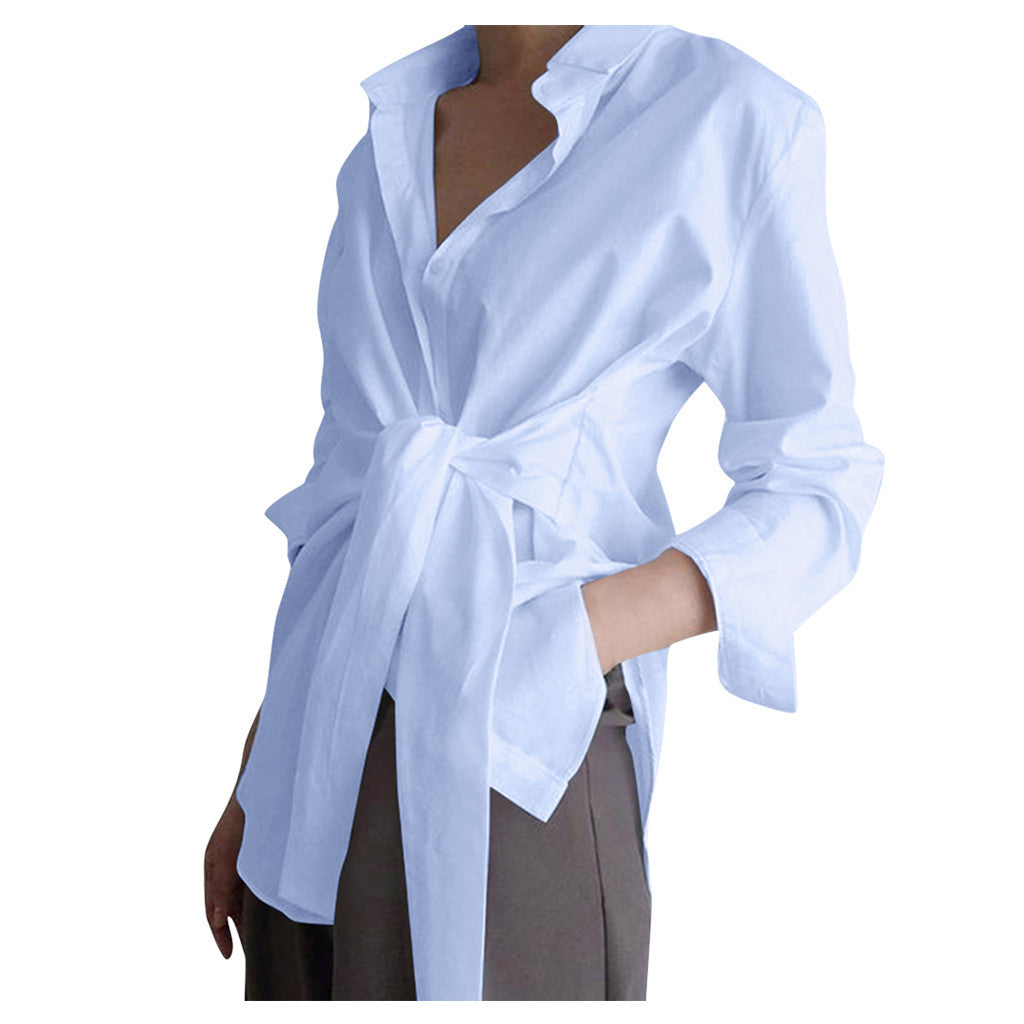 Women's Solid Color Loose Tied Shirt Colors Blouses
