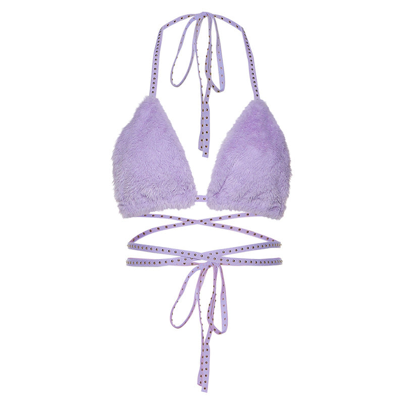 Women's Nightclub Solid Color Fleece-lined Halter Strap Tops