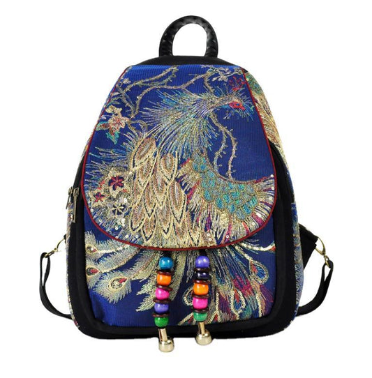 Women's Sequined Peacock Ethnic Style Embroidered Canvas Backpacks