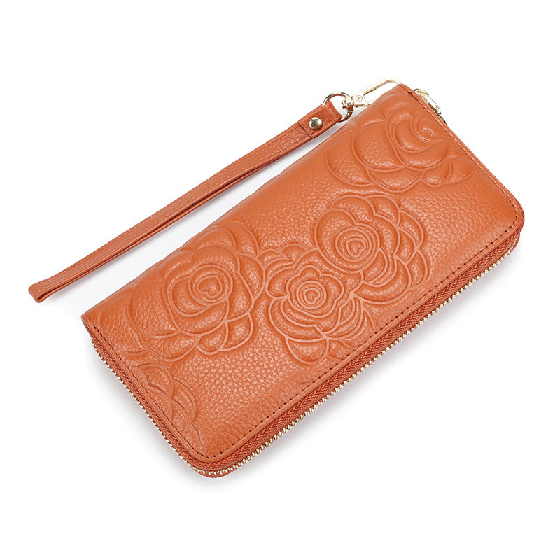 Women's Real Leather Long Single Zipper Fashion Camellia First Layer Bags