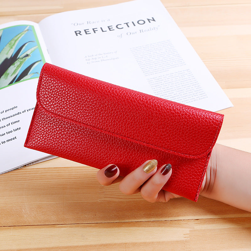 Women's Long Large Capacity Solid Color Lychee Pattern Mobile Ladies Wallet