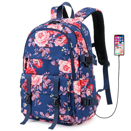Women's Oxford Cloth Computer Thermal Transfer Flower Backpacks