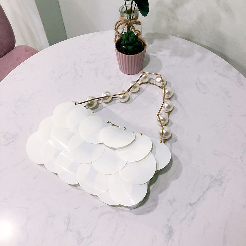 Women's Stringed Pearls Wafer Platinum Sequined Handmade Handbags