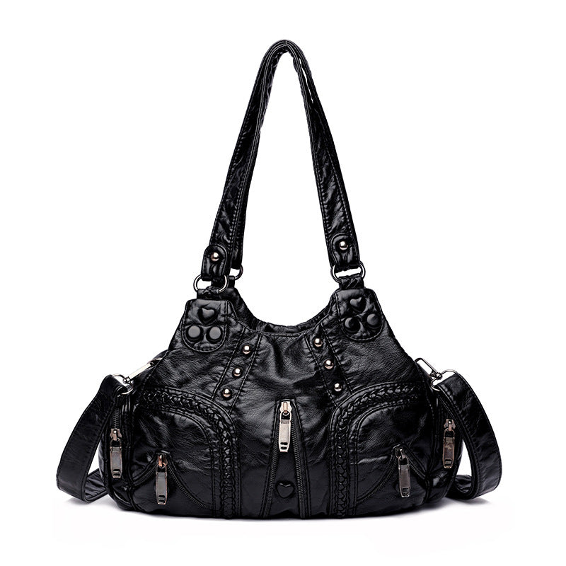 Women's Real Washed Leather Motorcycle Fashion Solid Shoulder Bags