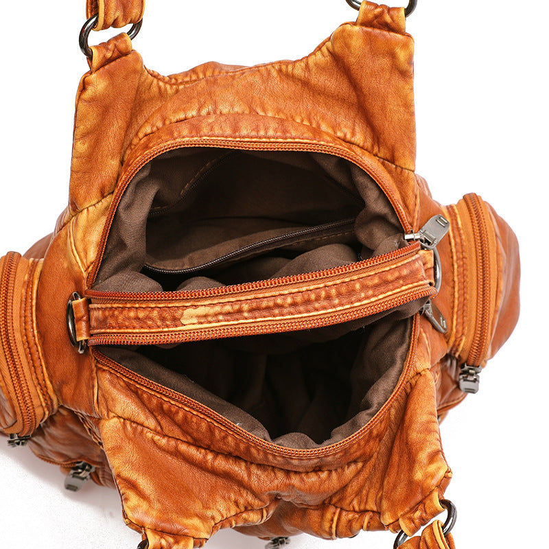 Women's Real Washed Leather Motorcycle Fashion Solid Shoulder Bags