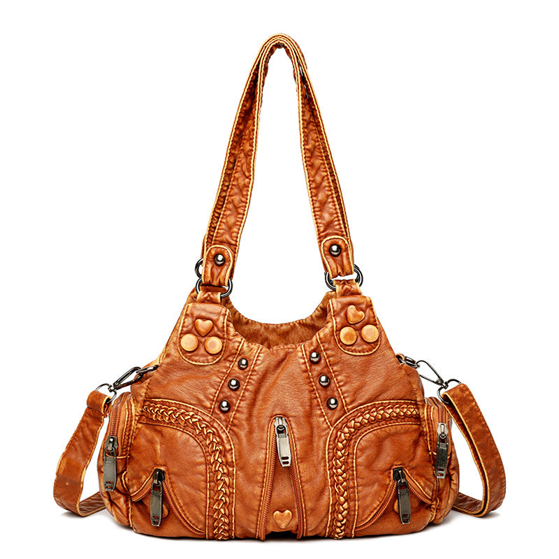 Women's Real Washed Leather Motorcycle Fashion Solid Shoulder Bags