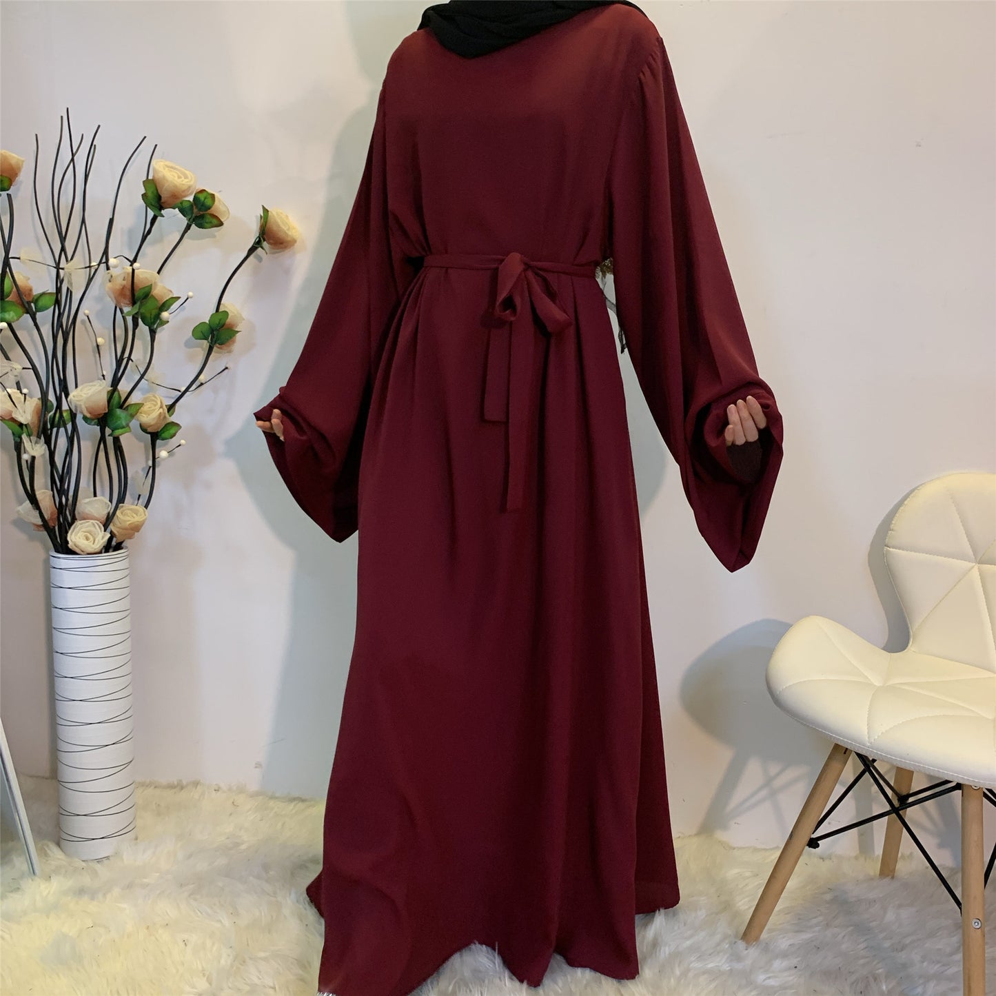 Solid Color Lace Up Muslim Dress Clothing
