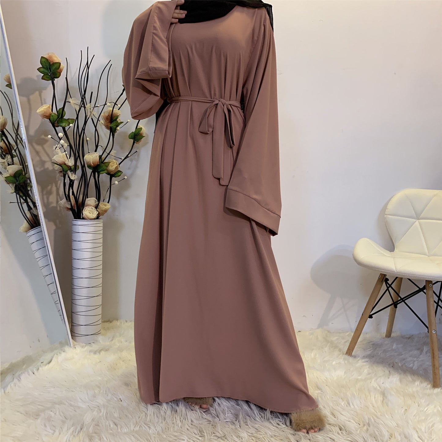 Solid Color Lace Up Muslim Dress Clothing