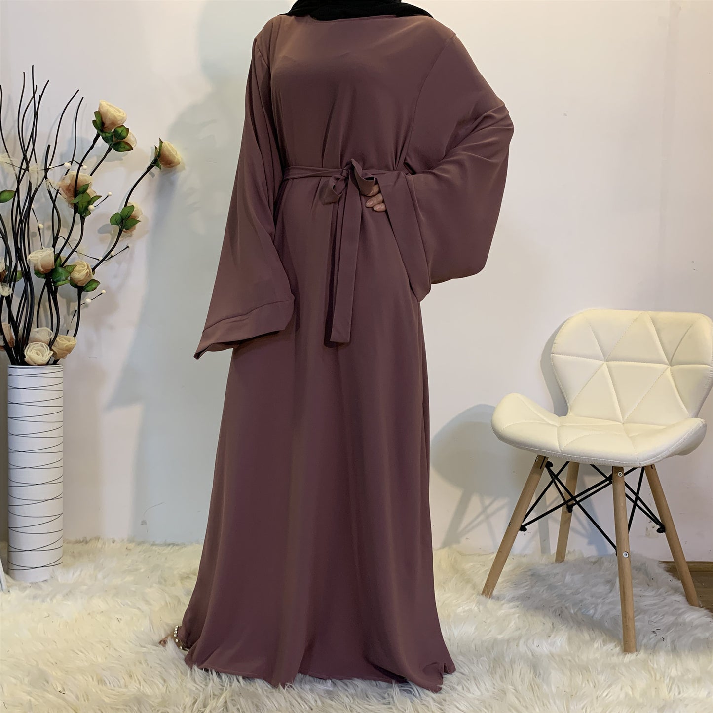 Solid Color Lace Up Muslim Dress Clothing