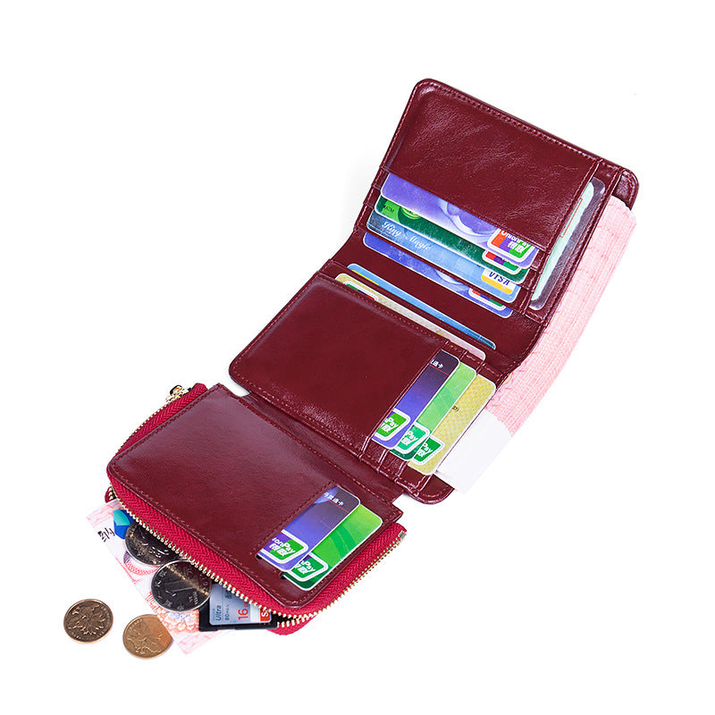 Women's Short Cowhide Zipper Folding One Fashion Ladies Wallets