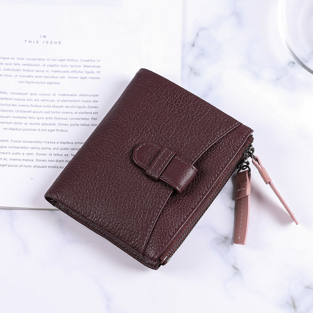 Women's Short Fashion First Layer Cowhide Zipper Ladies Wallets