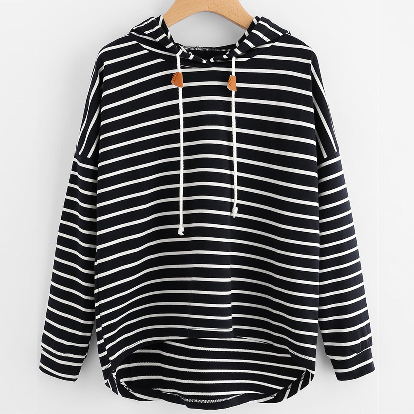 Women's Black White Striped Loose Hooded Knitted Sweaters
