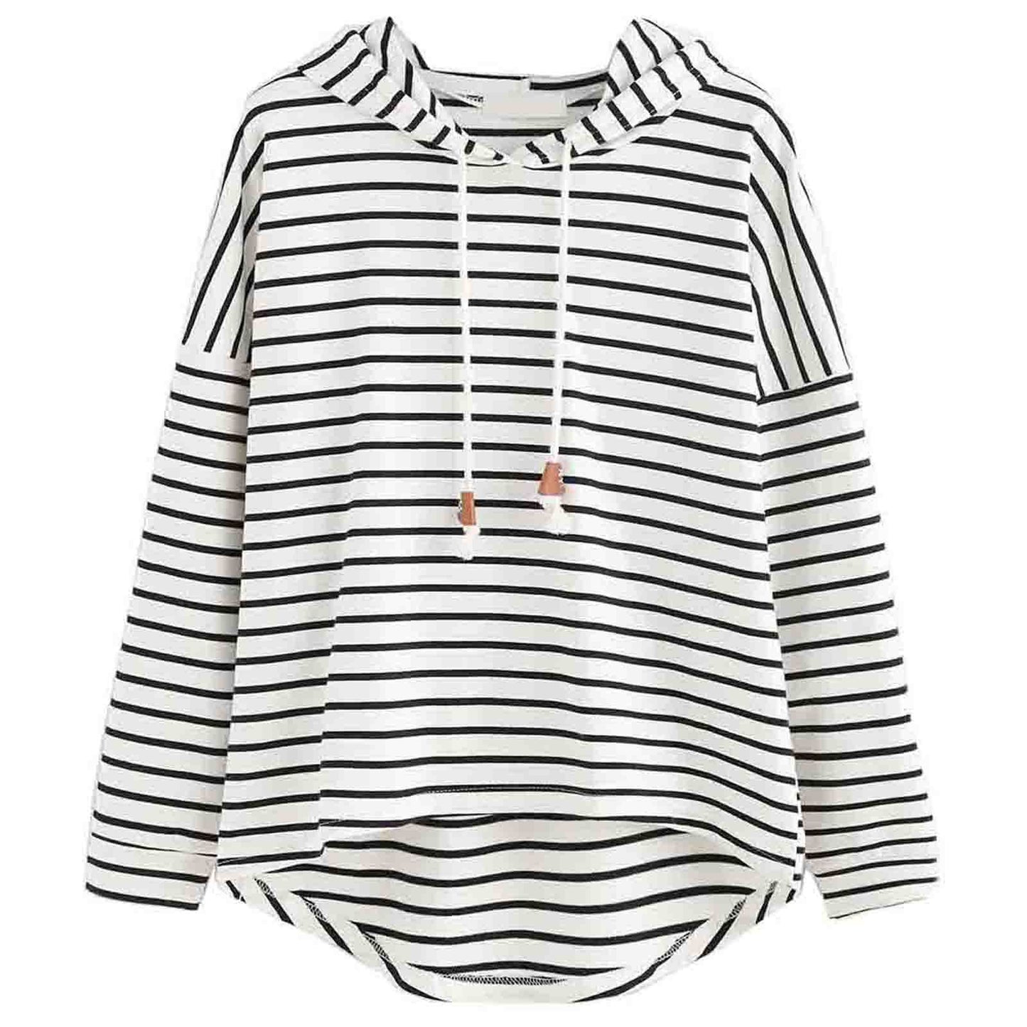 Women's Black White Striped Loose Hooded Knitted Sweaters