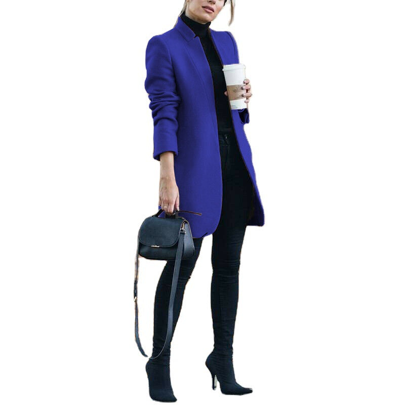 Fashion Solid Color Stand Collar Woolen Coats