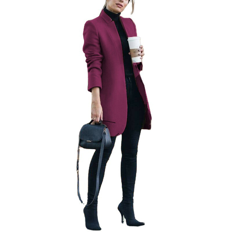 Fashion Solid Color Stand Collar Woolen Coats