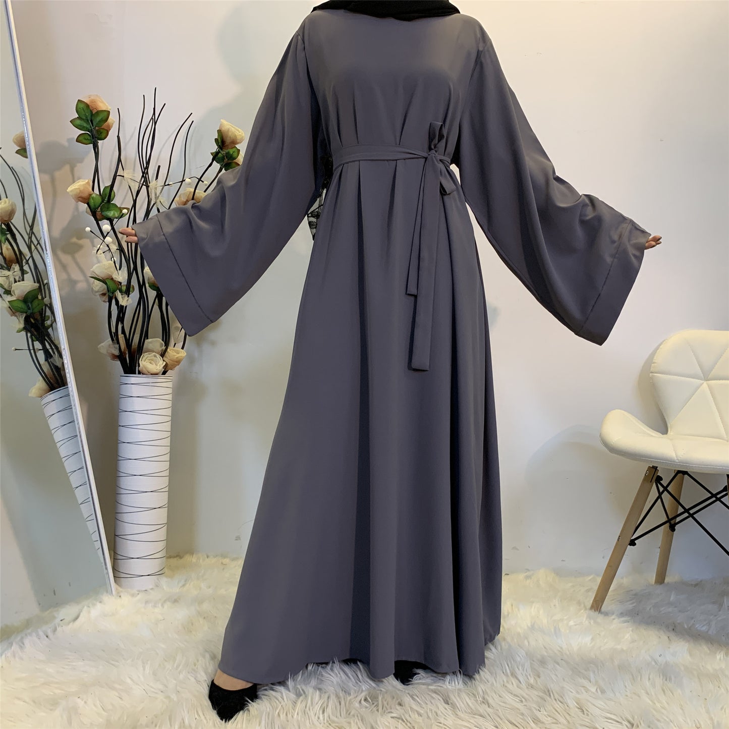 Solid Color Lace Up Muslim Dress Clothing