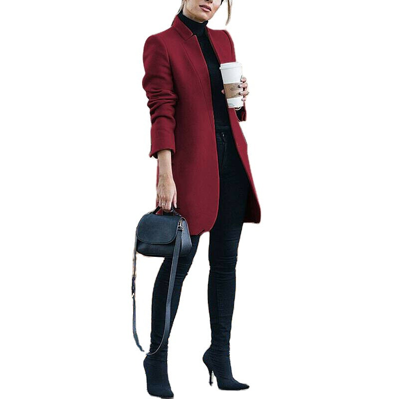 Fashion Solid Color Stand Collar Woolen Coats