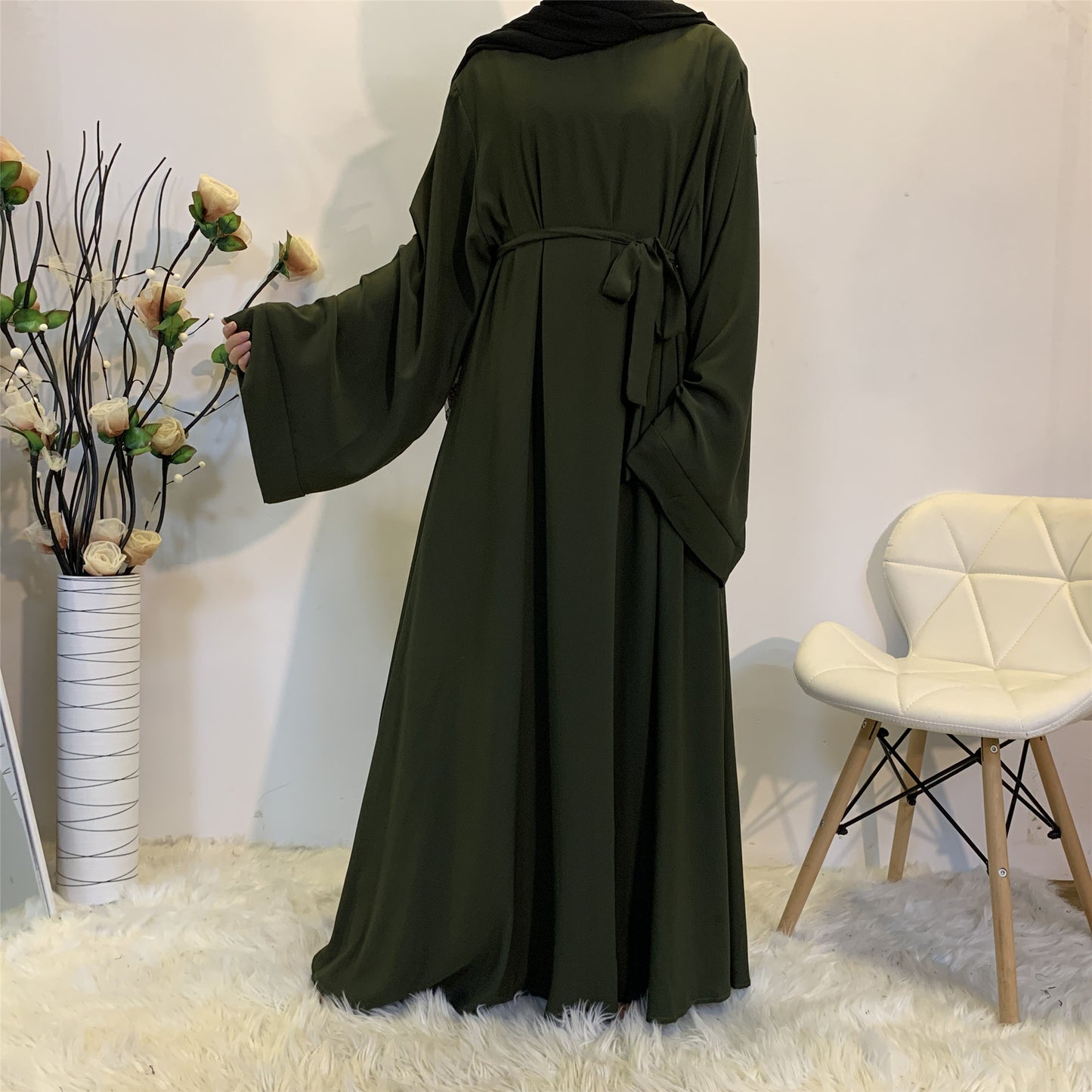 Solid Color Lace Up Muslim Dress Clothing