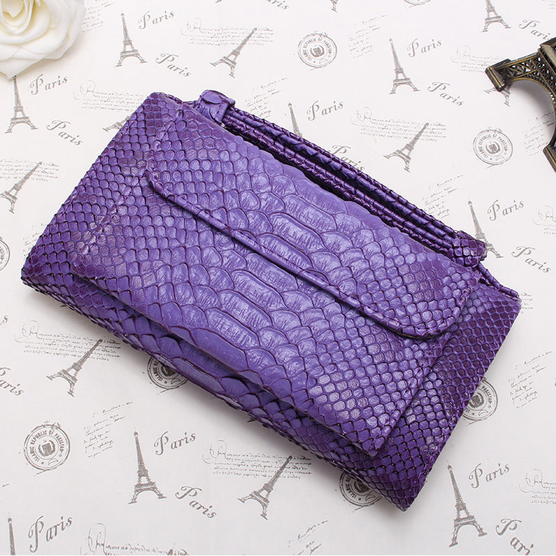 Women's Style Snake Pattern Cowhide Clutch Genuine Leather Chain Ladies Wallets