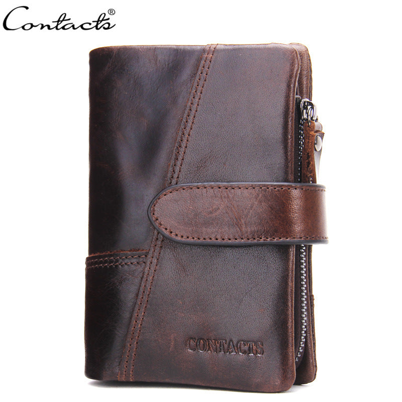 Men's Black Angel Three Fold Cowhide Activity Zipper Hasp Stitching Men's Wallets