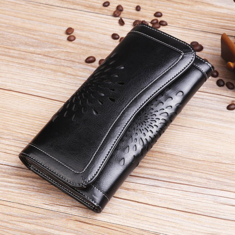 Women's Russian Long Genuine Leather Vintage Oil Wax Cattlehide Ladies Wallets