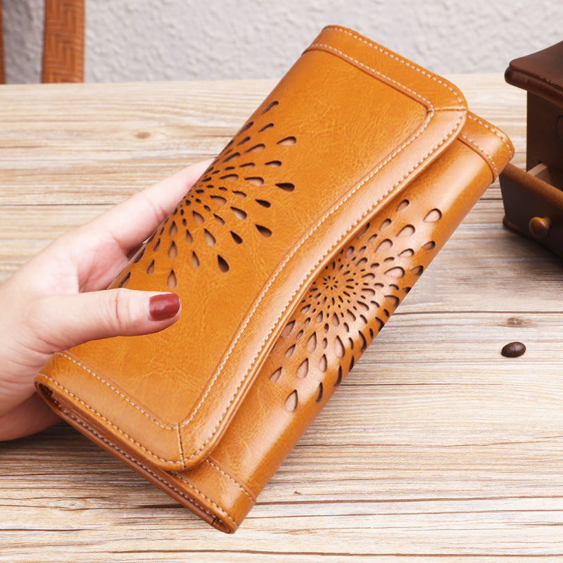 Women's Russian Long Genuine Leather Vintage Oil Wax Cattlehide Ladies Wallets