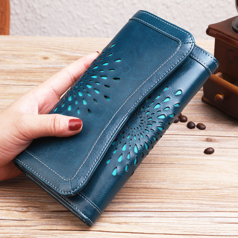 Women's Russian Long Genuine Leather Vintage Oil Wax Cattlehide Ladies Wallets