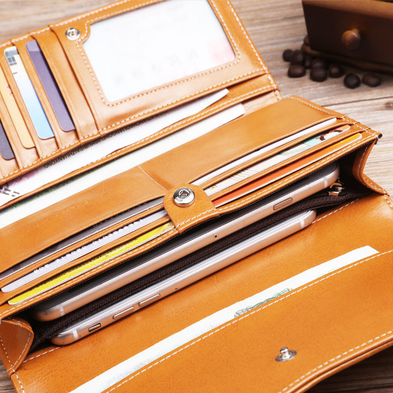 Women's Russian Long Genuine Leather Vintage Oil Wax Cattlehide Ladies Wallets