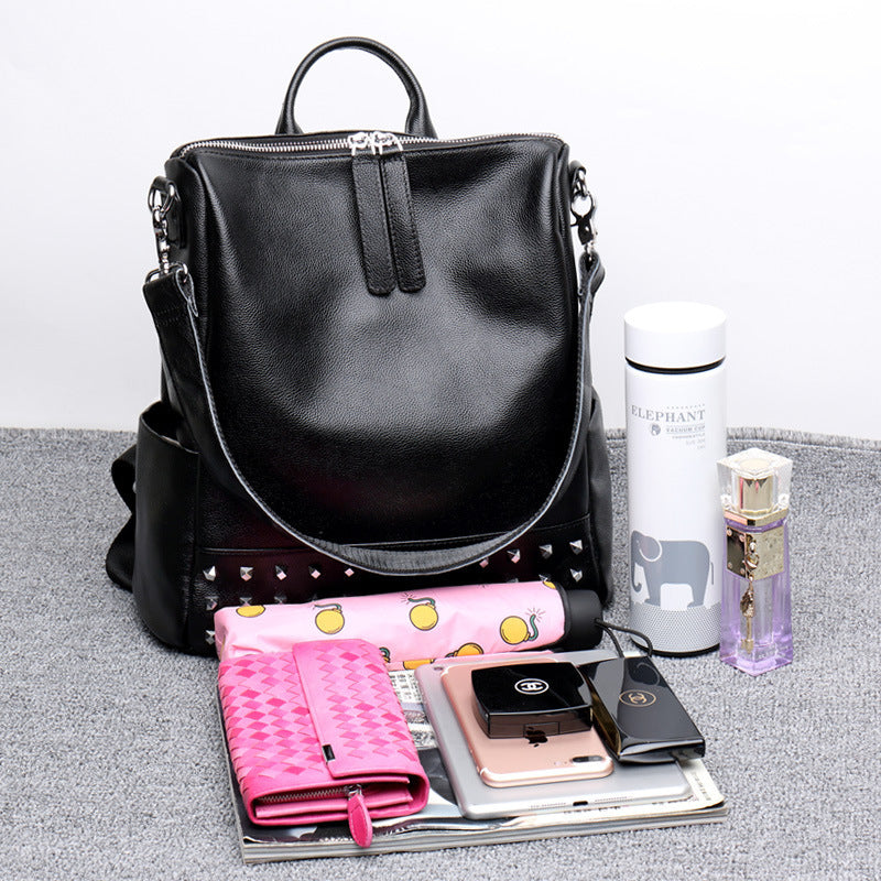 Women's Korean Fashionable Genuine Leather Personality Rivets Backpacks