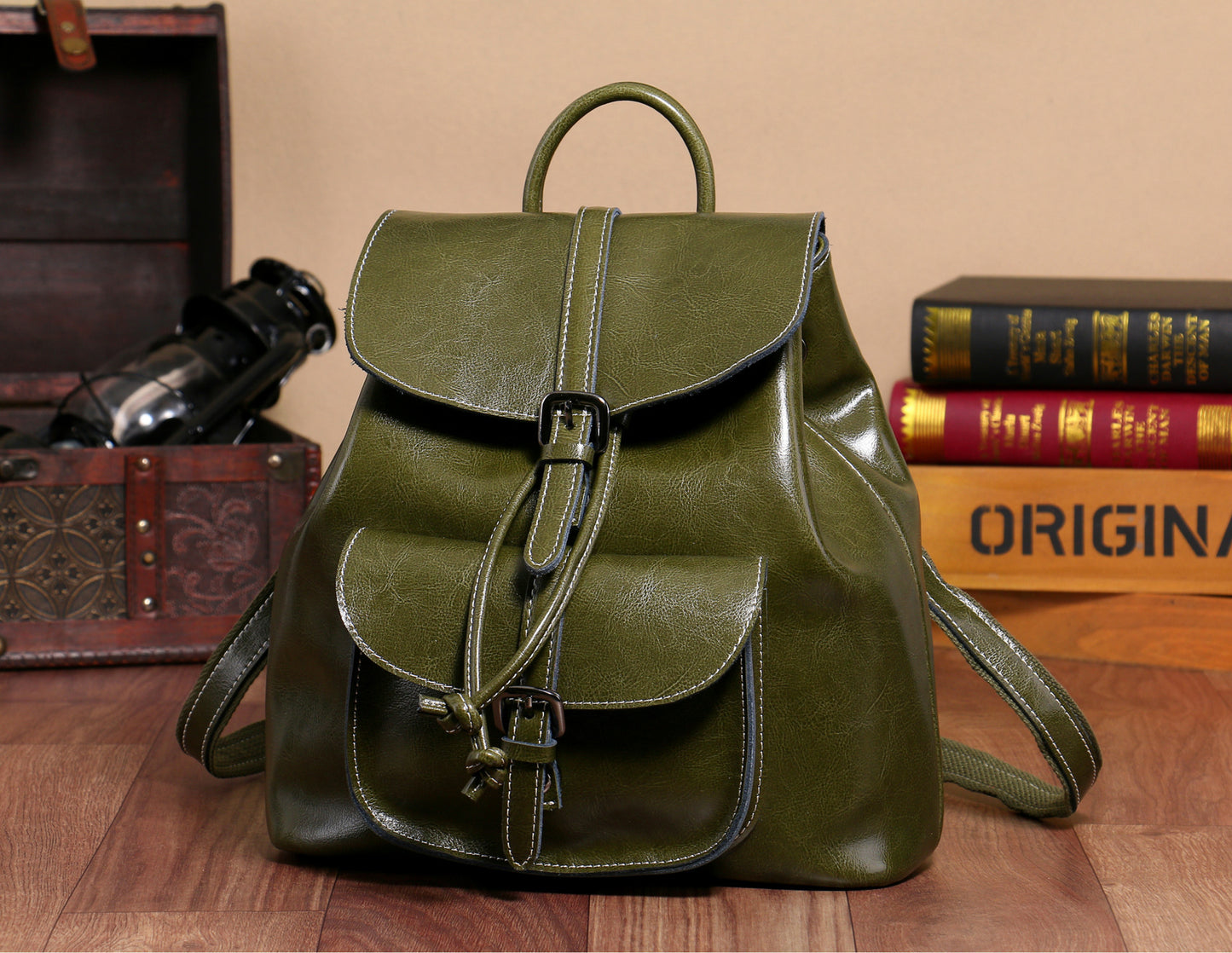 Women's Street Trend Leather Solid Color Sewing Backpacks