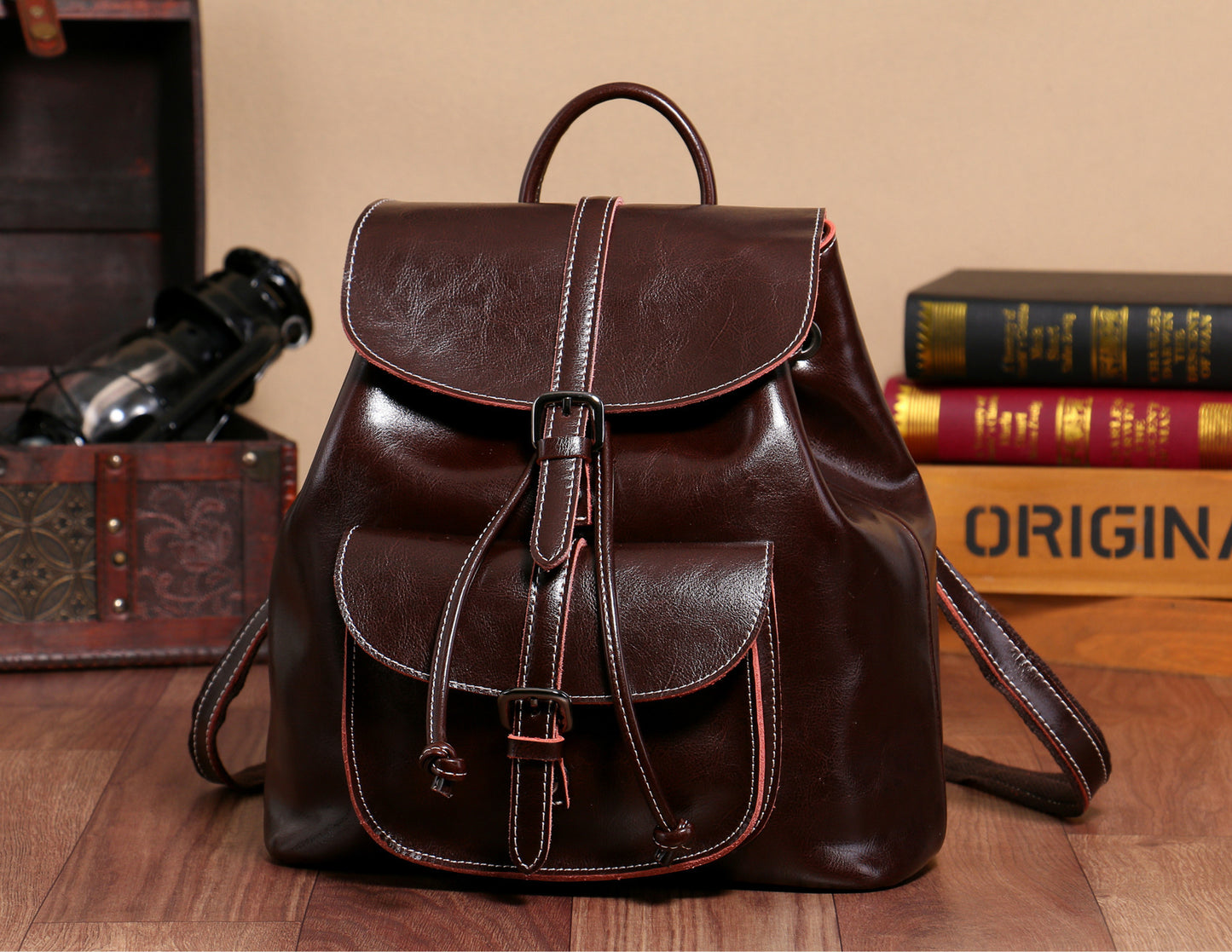 Women's Street Trend Leather Solid Color Sewing Backpacks