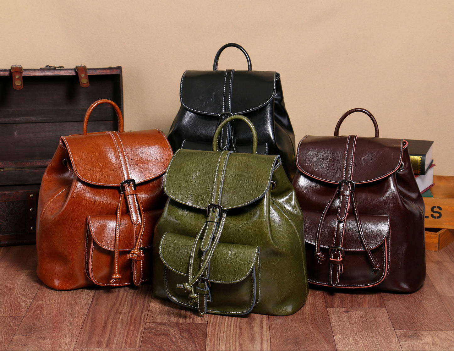 Women's Street Trend Leather Solid Color Sewing Backpacks