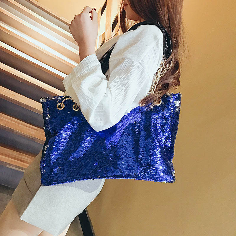 Women's Big Fashionable Portable Large Capacity Korean Style Color Change Sequins Shoulder Bags