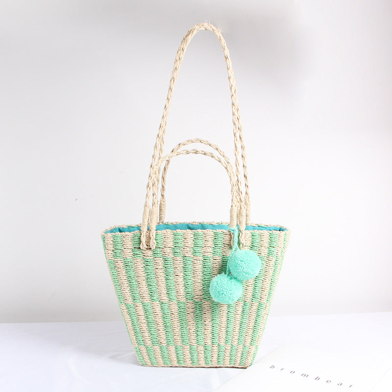 Women's Woven Fur Ball Large Capacity Straw Shoulder Bags