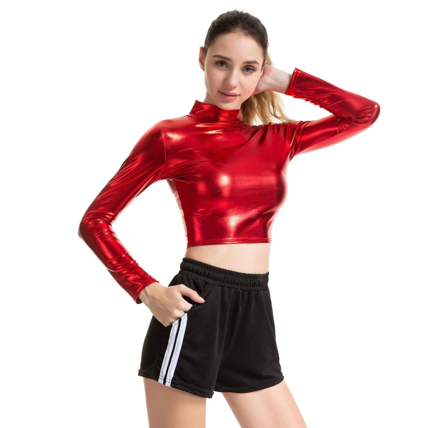 Women's Adhesive Performance Wear Slim Patent Leather Long Blouses